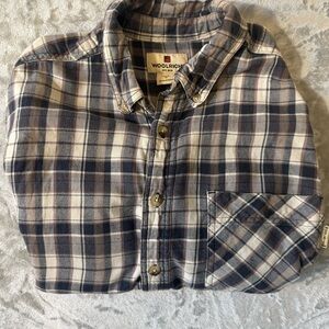 Woolrich Mens Medium Plaid Button Down Shirt Brown Blue‎ Outdoor Cotton